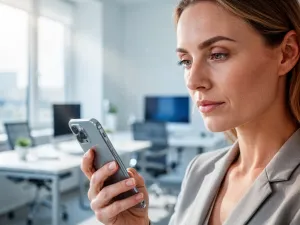 Kobieta analizująca wykresy finansowe na tablecie w nowoczesnym biurze domowym.