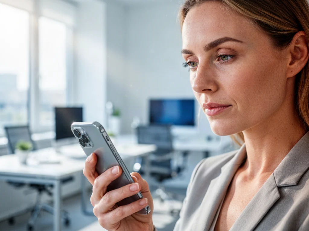 Kobieta w nowoczesnym biurze korzystająca ze smartfona, ilustrująca pracę z technologiami mobilnymi.