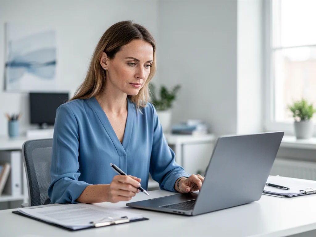 Kobieta pracująca przy laptopie w nowoczesnym biurze domowym, symbolizująca planowanie finansów i pracę zdalną.