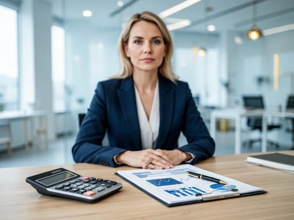 Profesjonalistka przy biurku z kalkulatorem i notatnikiem, symbolizująca planowanie finansów i obliczanie wynagrodzenia.
