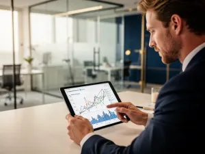 Mężczyzna analizuje wykresy finansowe na tablecie w nowoczesnym biurze, co ilustruje planowanie domowego budżetu.