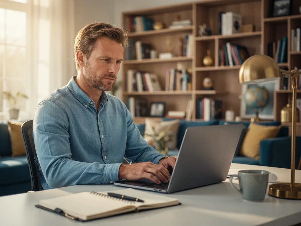Mężczyzna pracujący przy laptopie w nowoczesnym biurze domowym, symbolizujący elastyczność pracy w marketingu partnerskim.