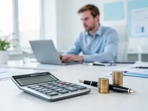 Mężczyzna analizujący wykresy finansowe i arkusze podatkowe na laptopie w profesjonalnym biurze.