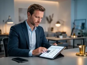 Mężczyzna analizuje wykresy finansowe na tablecie w nowoczesnym biurze, co ilustruje planowanie domowego budżetu.